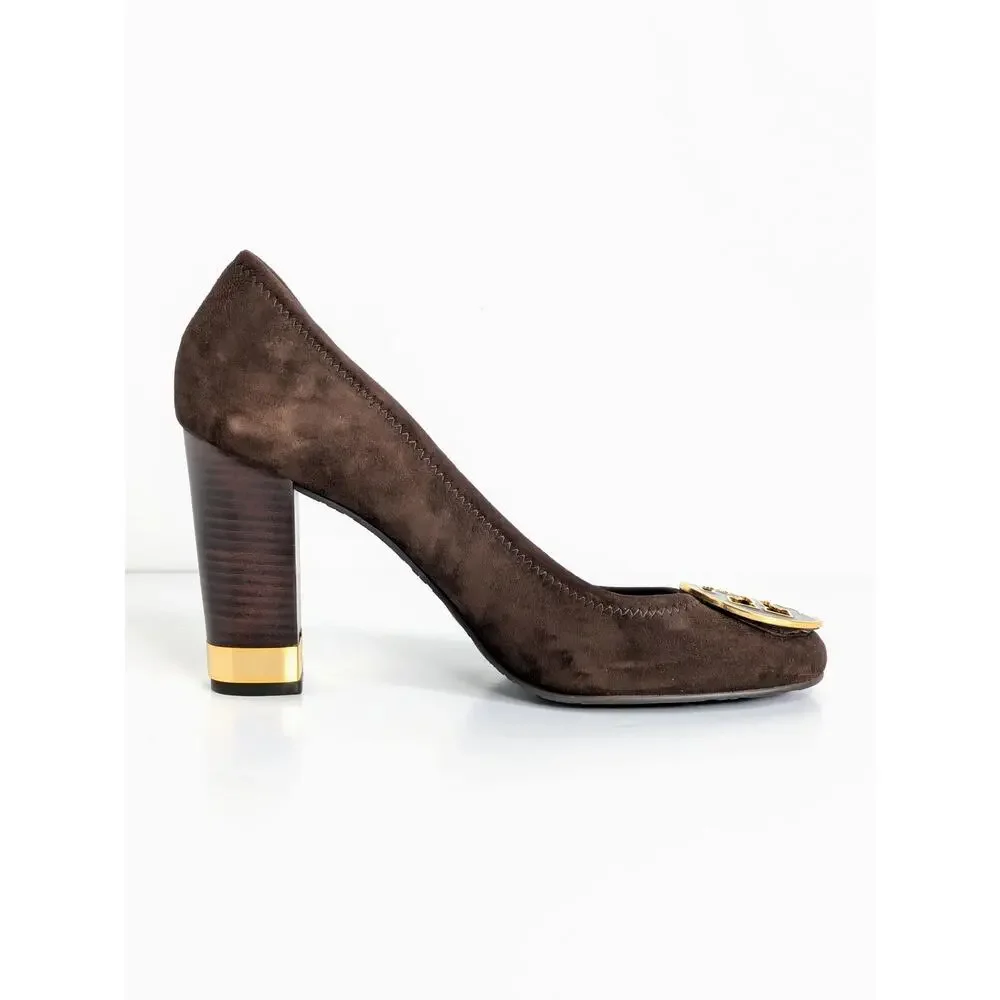 Tory Burch Maddie Pump 9.5 Brown Suede Block Heel Gold Logo Medallion Double T